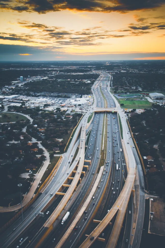 Aerial view of a Dallas expressway at sunset