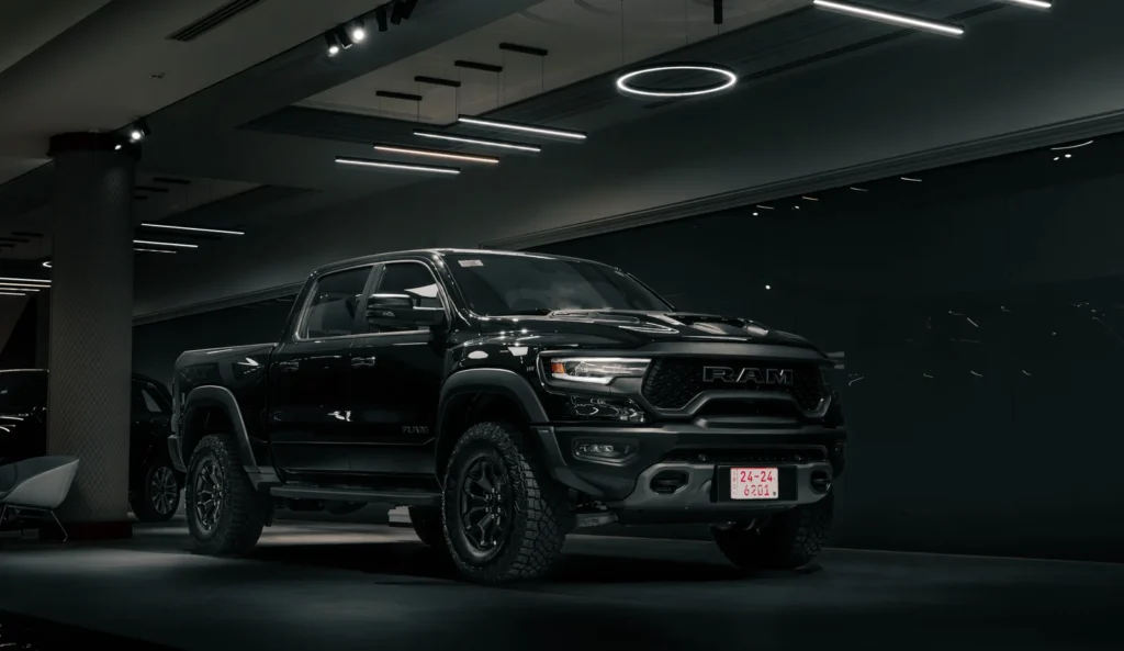 Pickup truck on display in a dealership showroom
