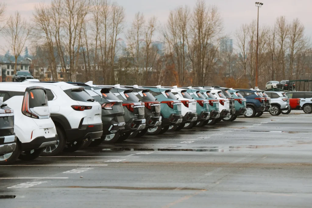 A line of vehicles parked in an outdoor lot on an overcast day