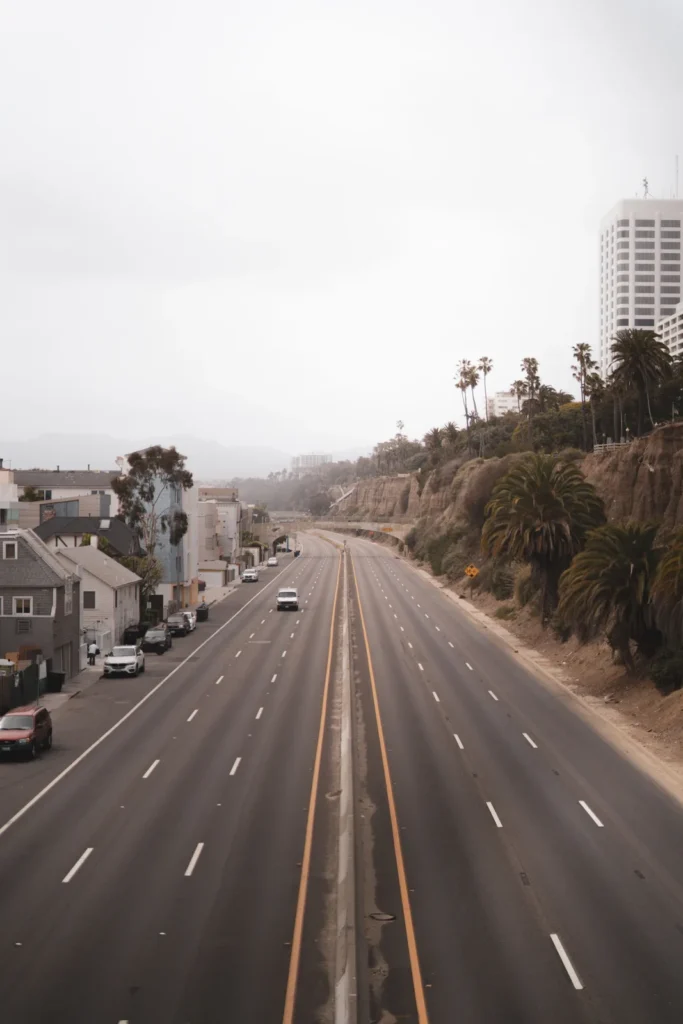 Multi-lane California highway lined with palm trees on a hazy day