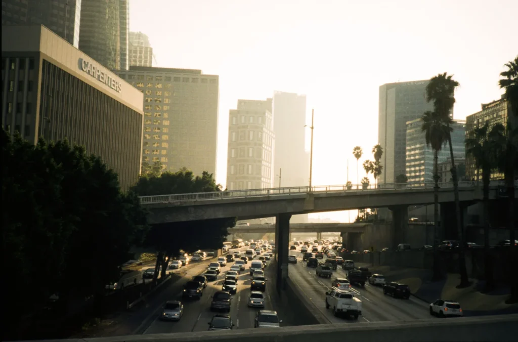 Los Angeles freeway traffic at sunset