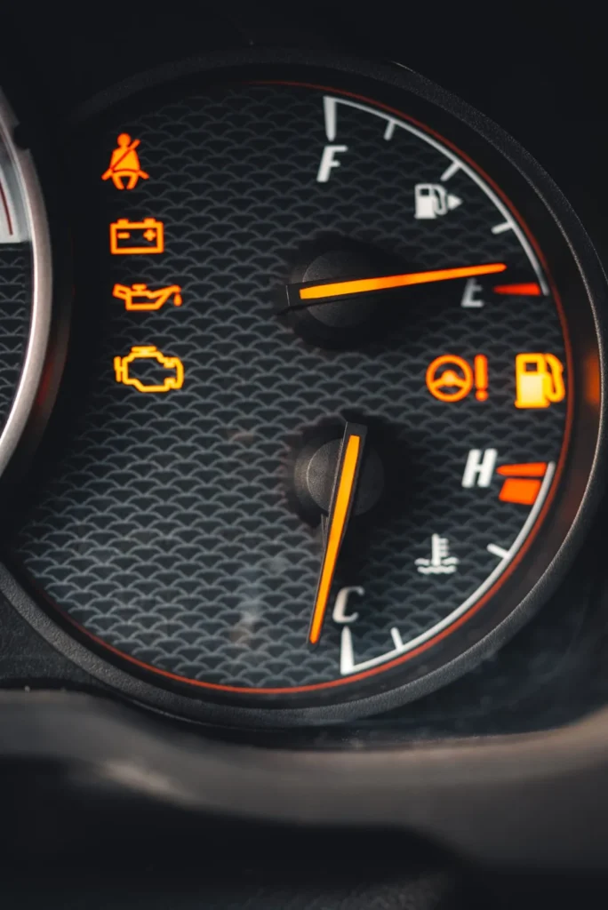 Instrument cluster with multiple amber warning lights illuminated