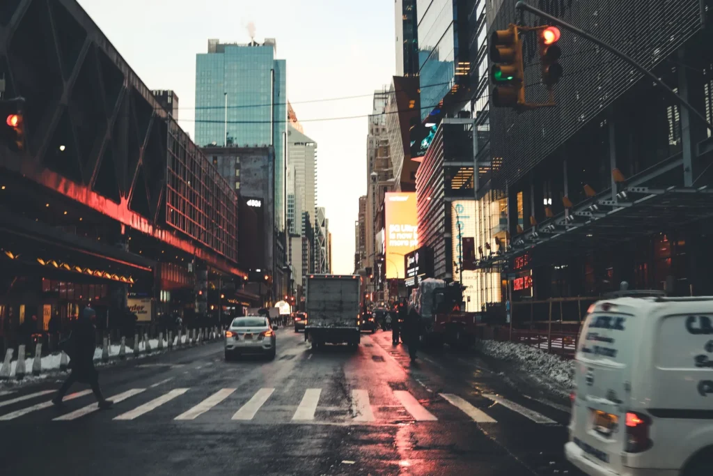 New York City street at twilight with traffic
